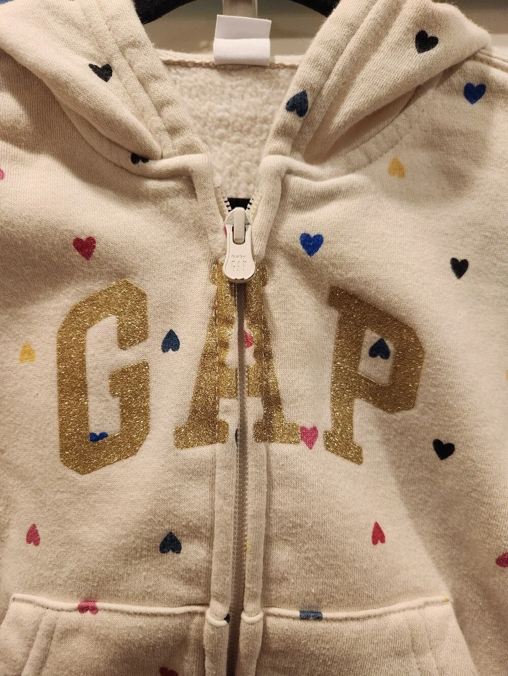 GAP Cream Hoodie with Multicolor Heart Print, Size 3T
